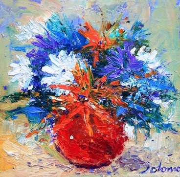 Mixed blooms red vase 12x12